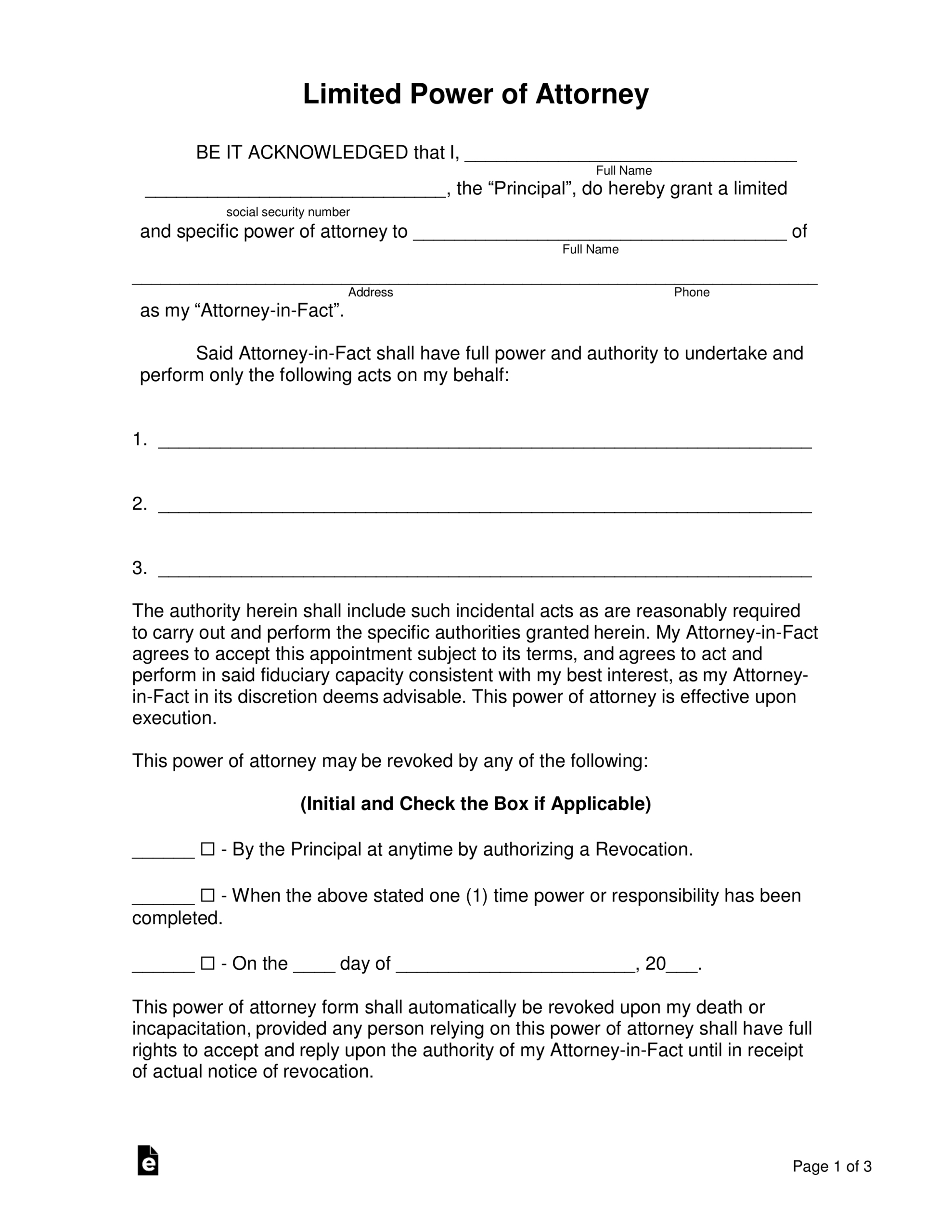 Free Limited (Special) Power Of Attorney Form - Pdf | Word – Eforms inside Free Printable Power Of Attorney Forms