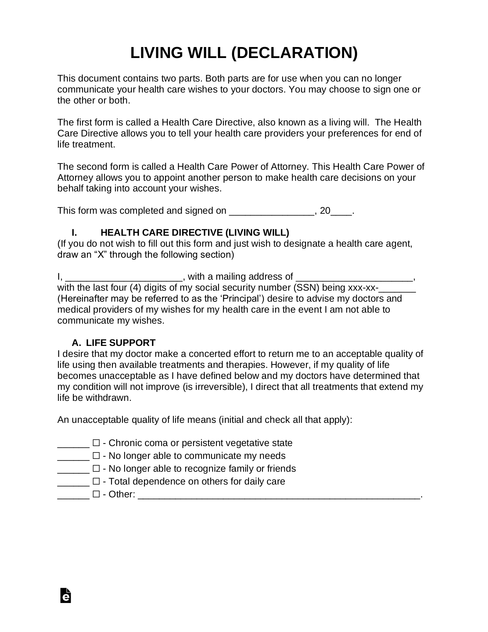 Living Will Forms Free Printable