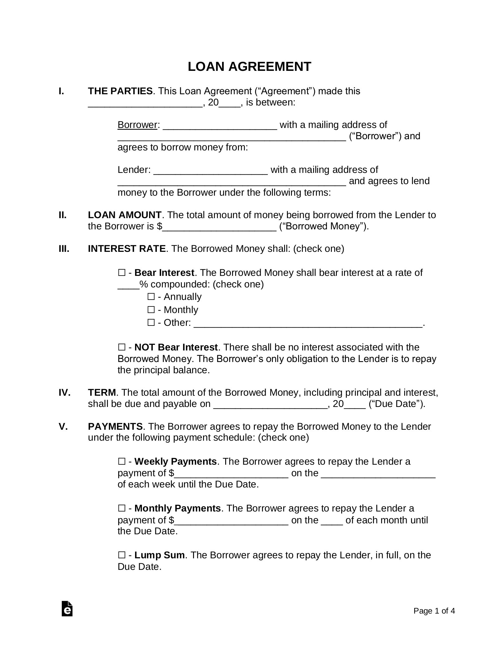 Free Loan Agreement Templates (10) - Pdf | Word – Eforms for Free Printable Blank Loan Agreement