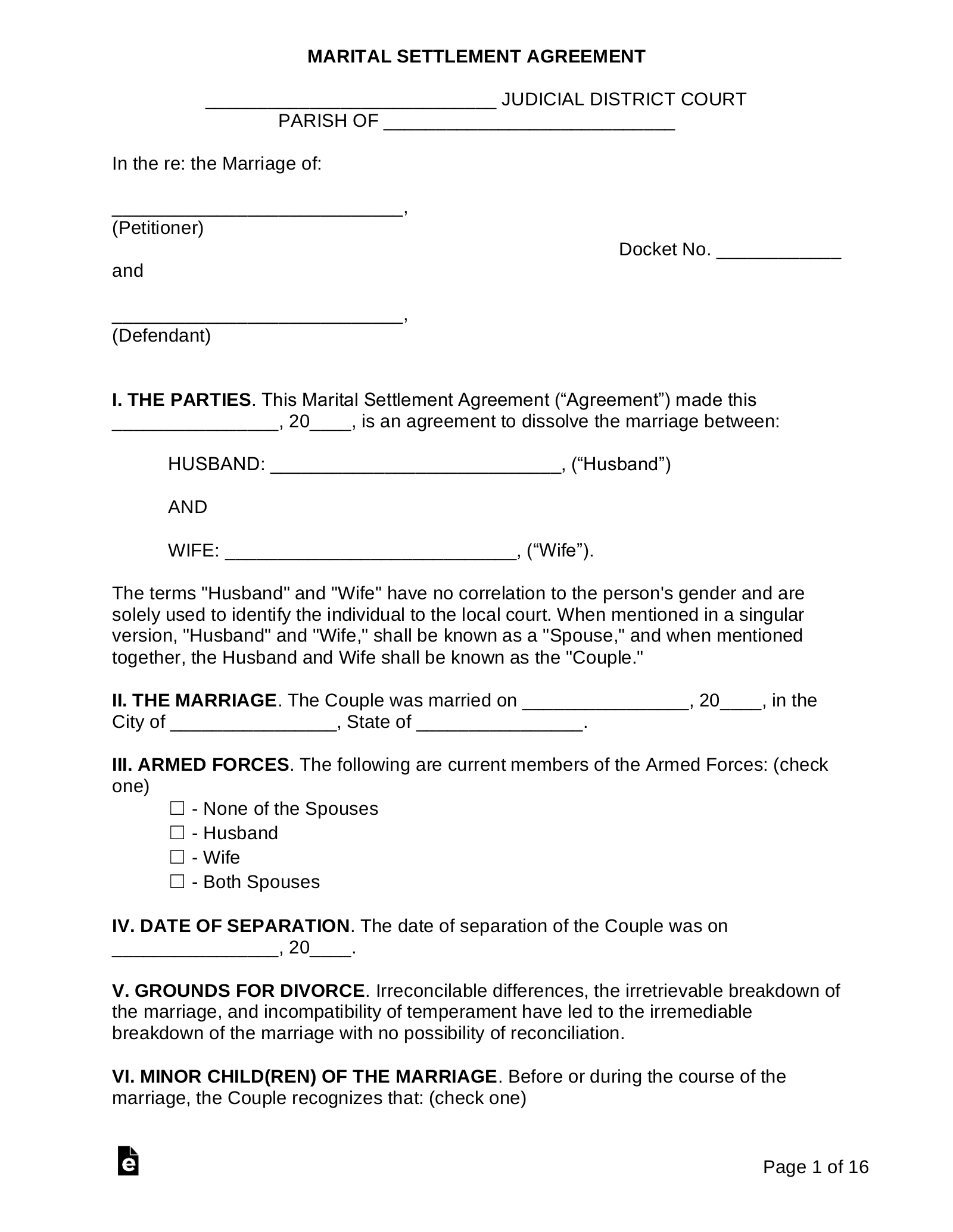 Free Louisiana Marital Settlement (Divorce) Agreement - Pdf | Word with regard to Free Printable Divorce Papers For Louisiana