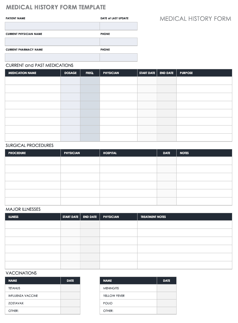 Free Medical Form Templates | Smartsheet inside Free Printable Medical History Forms