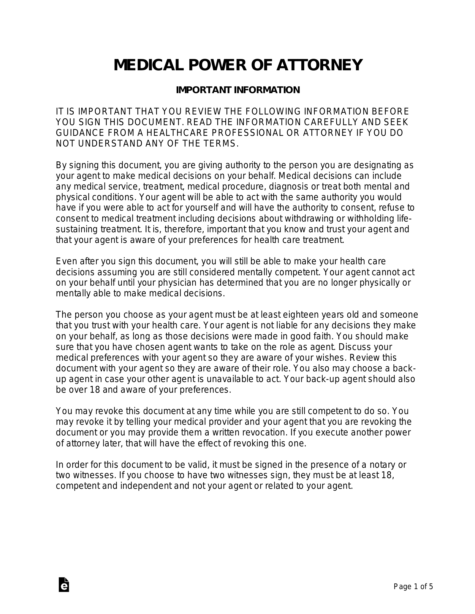 Free Medical Power Of Attorney (Mpoa) Form - Pdf | Word – Eforms with Free Printable Medical Power Of Attorney