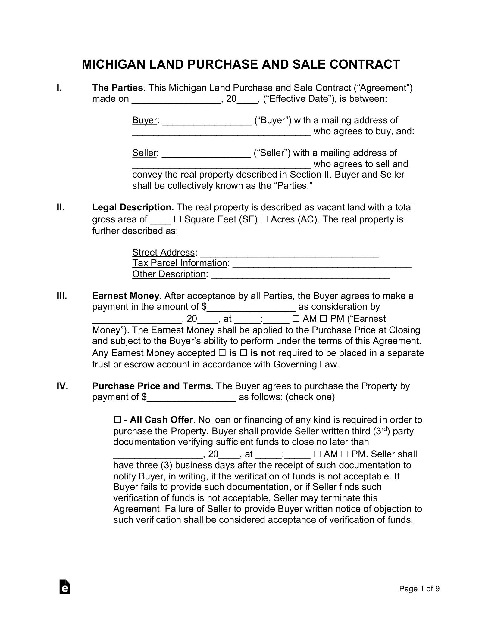 Free Michigan Land Contract Template - Pdf | Word – Eforms with Free Printable Land Contract Forms