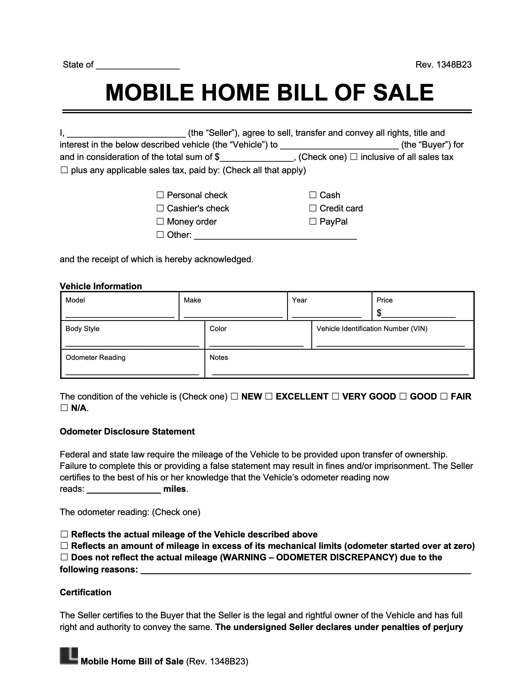 Free Mobile (Manufactured) Home Bill Of Sale Form | Legal Templates pertaining to Free Printable Mobile Home Bill Of Sale