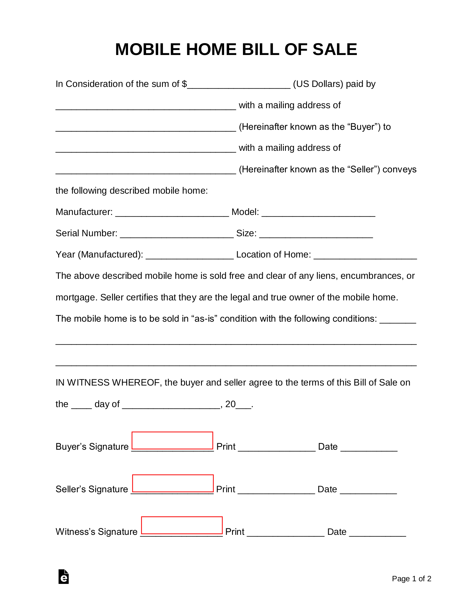 Free Mobile (Manufactured) Home Bill Of Sale Form - Pdf | Word with regard to Free Printable Bill Of Sale For Mobile Home