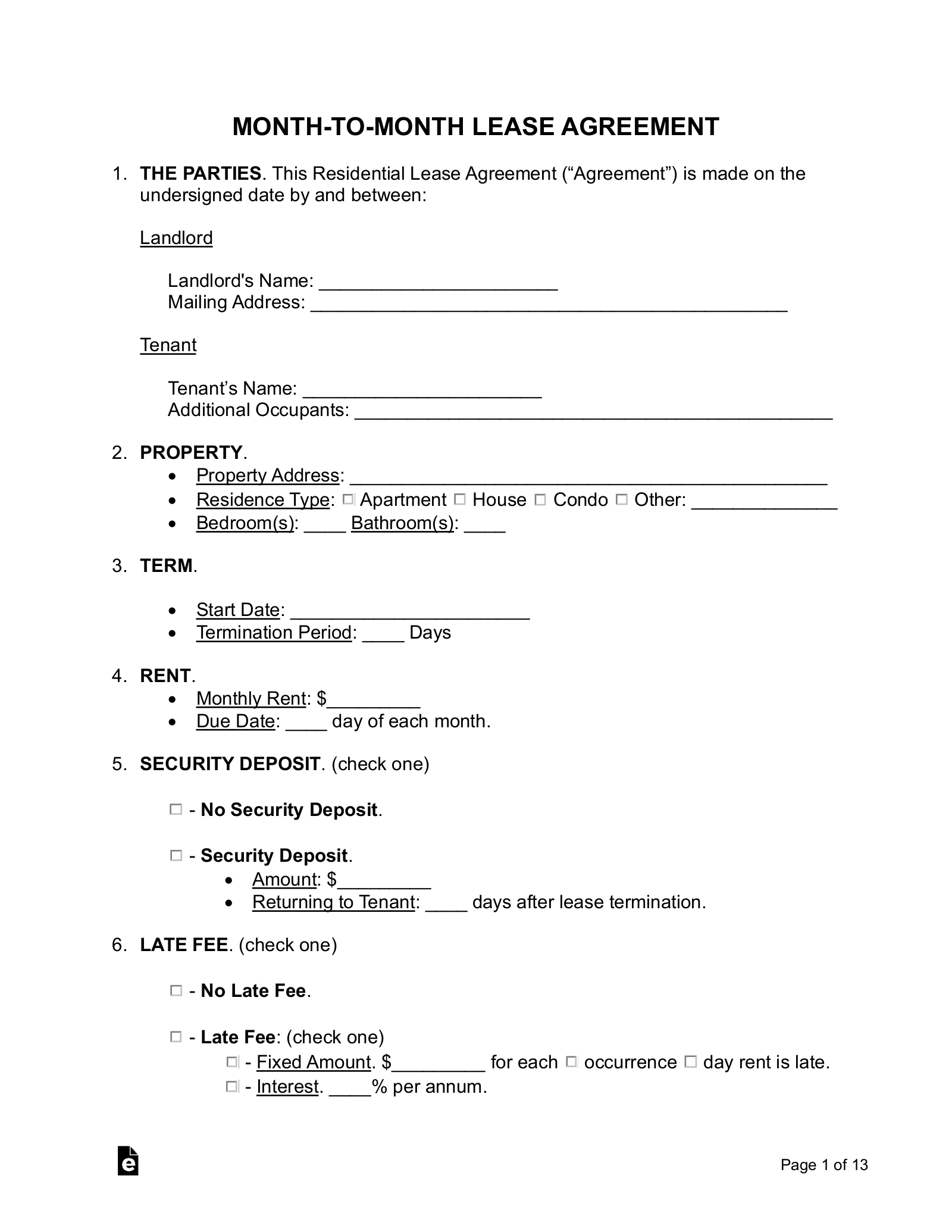 Free Month-To-Month Lease Agreement Template - Pdf | Word – Eforms with Blank Lease Agreement Free Printable