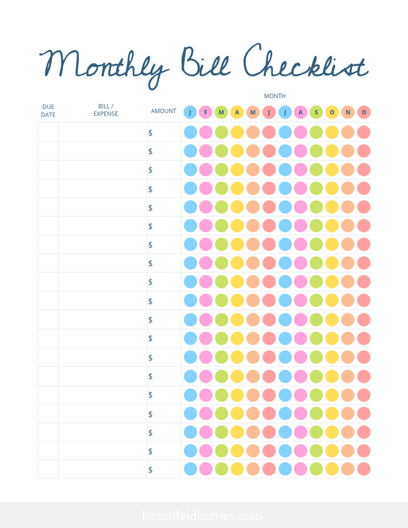 Free Monthly Bill Checklist | Hirschfeld with Free Printable Monthly Bill Checklist