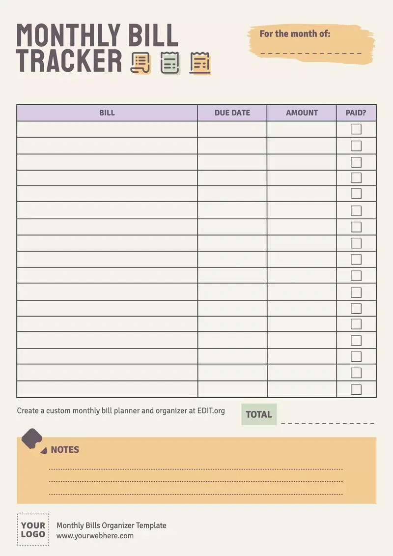 Free Monthly Bills Organizer Templates throughout Free Printable Bill Organizer