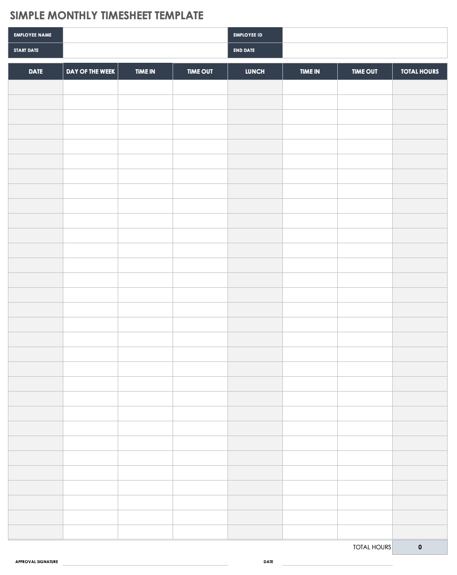Free Monthly Timesheet &amp; Time Card Templates | Smartsheet in Monthly Timesheet Template Free Printable