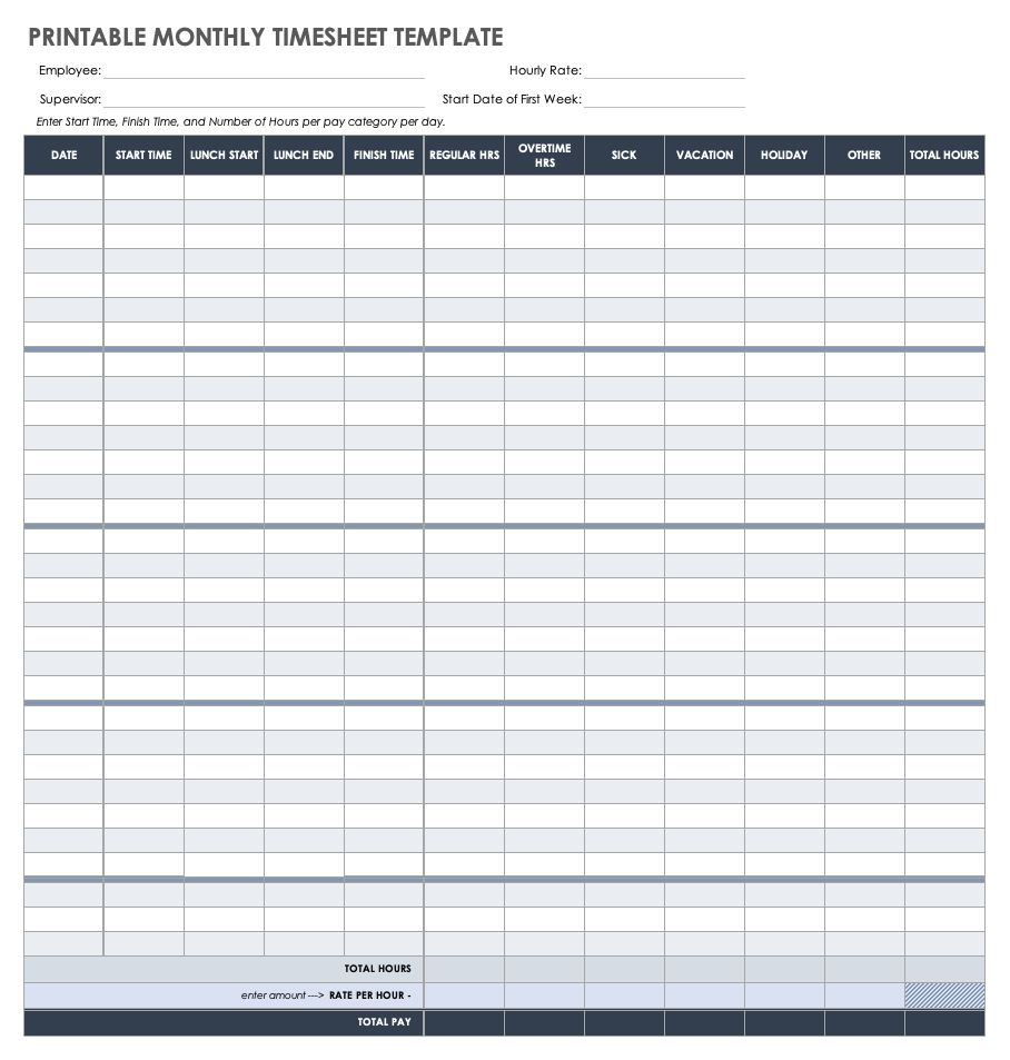 Free Monthly Timesheet & Time Card Templates | Smartsheet pertaining to Monthly Timesheet Template Free Printable