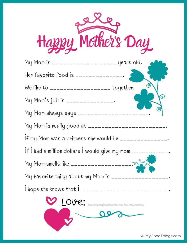 Free Mothers Day Questionnaire Printable - All My Good Things within Free Printable Mother's Day Questionnaire