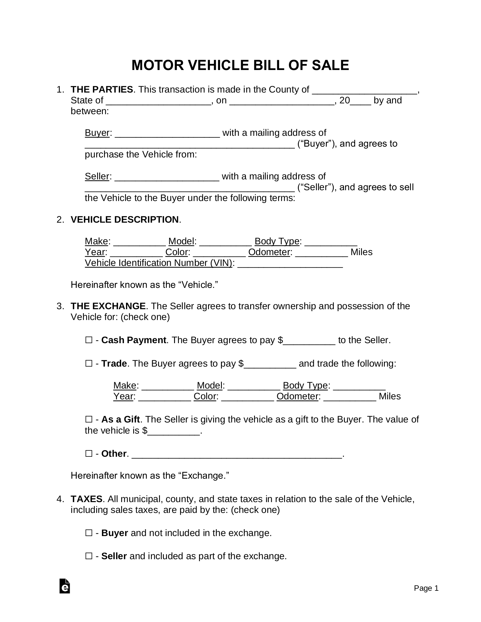 Free Motor Vehicle (Dmv) Bill Of Sale Form - Pdf | Word – Eforms within Free Printable Bill Of Sale For Car