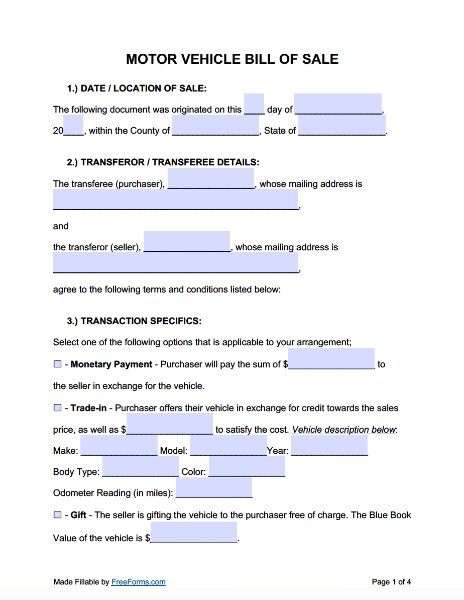 Free Motor Vehicle (Dmv) Bill Of Sale Form | Pdf | Word within Free Printable Vehicle Bill Of Sale