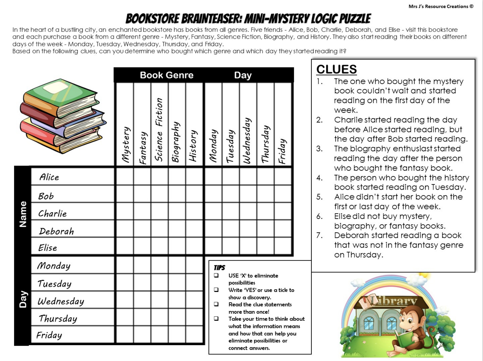 Free Mystery Logic Puzzle For Book Week - Top-Rated Teaching for Free Printable Logic Puzzles For Middle School
