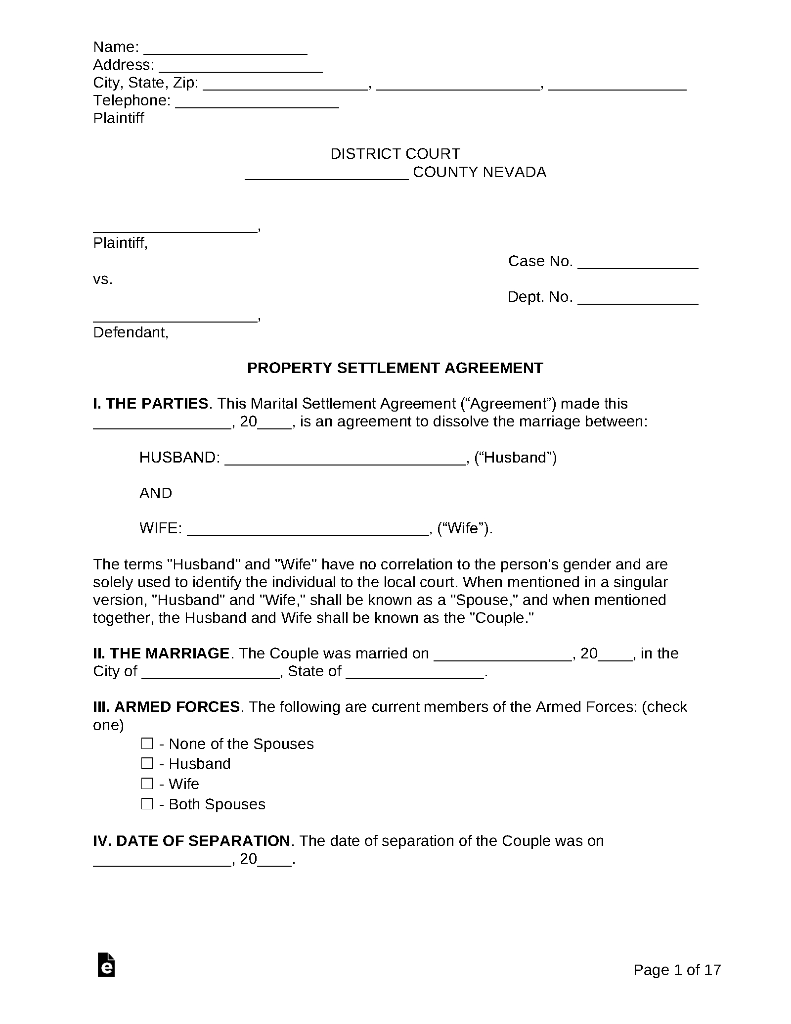 Free Nevada Custody (Parenting) Plan - Pdf | Word – Eforms for Free Printable Divorce Papers Nevada
