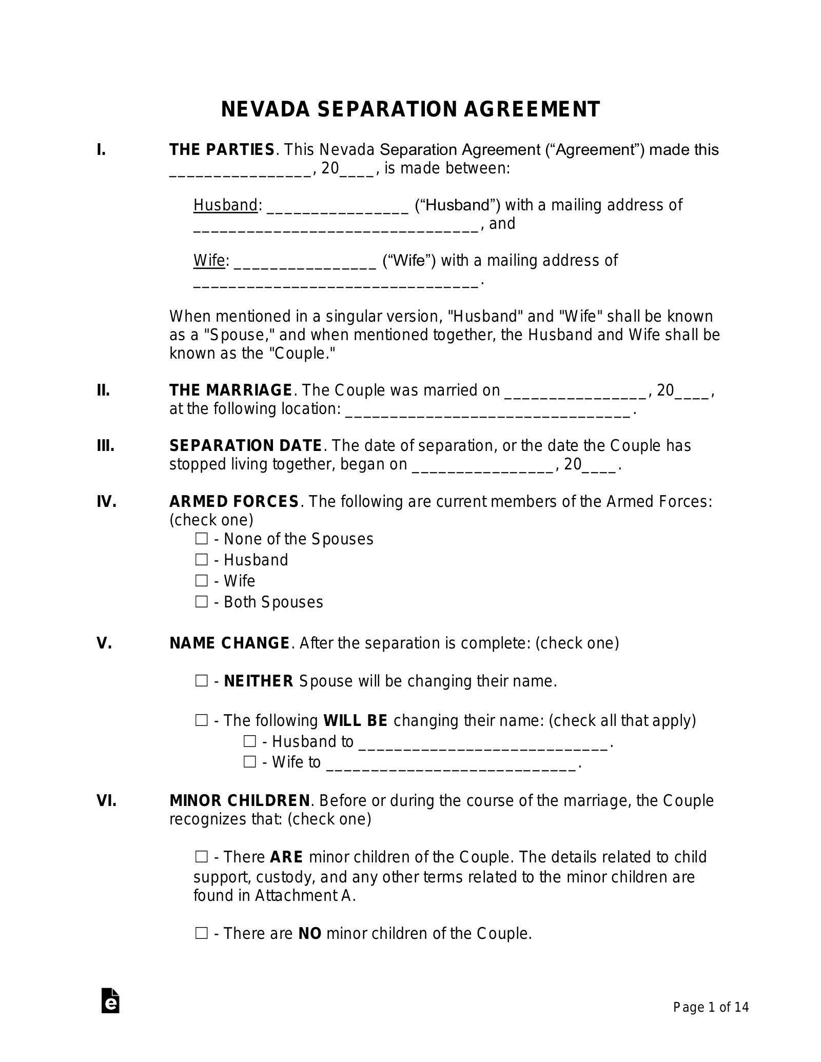 Free Nevada Separation Agreement Template - Pdf | Word – Eforms with regard to Free Printable Divorce Papers Nevada