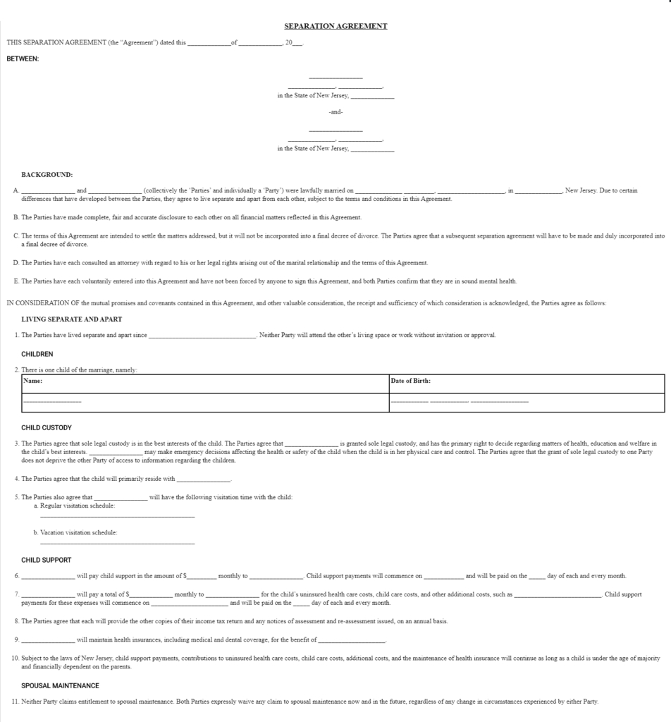 Free New Jersey Marital Separation Agreement | Legal Separation (Nj) in Free Printable Nj Divorce Forms