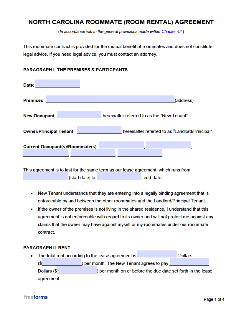 Free North Carolina Roommate (Room Rental) Agreement Template for Free Printable Room Rental Agreement Forms