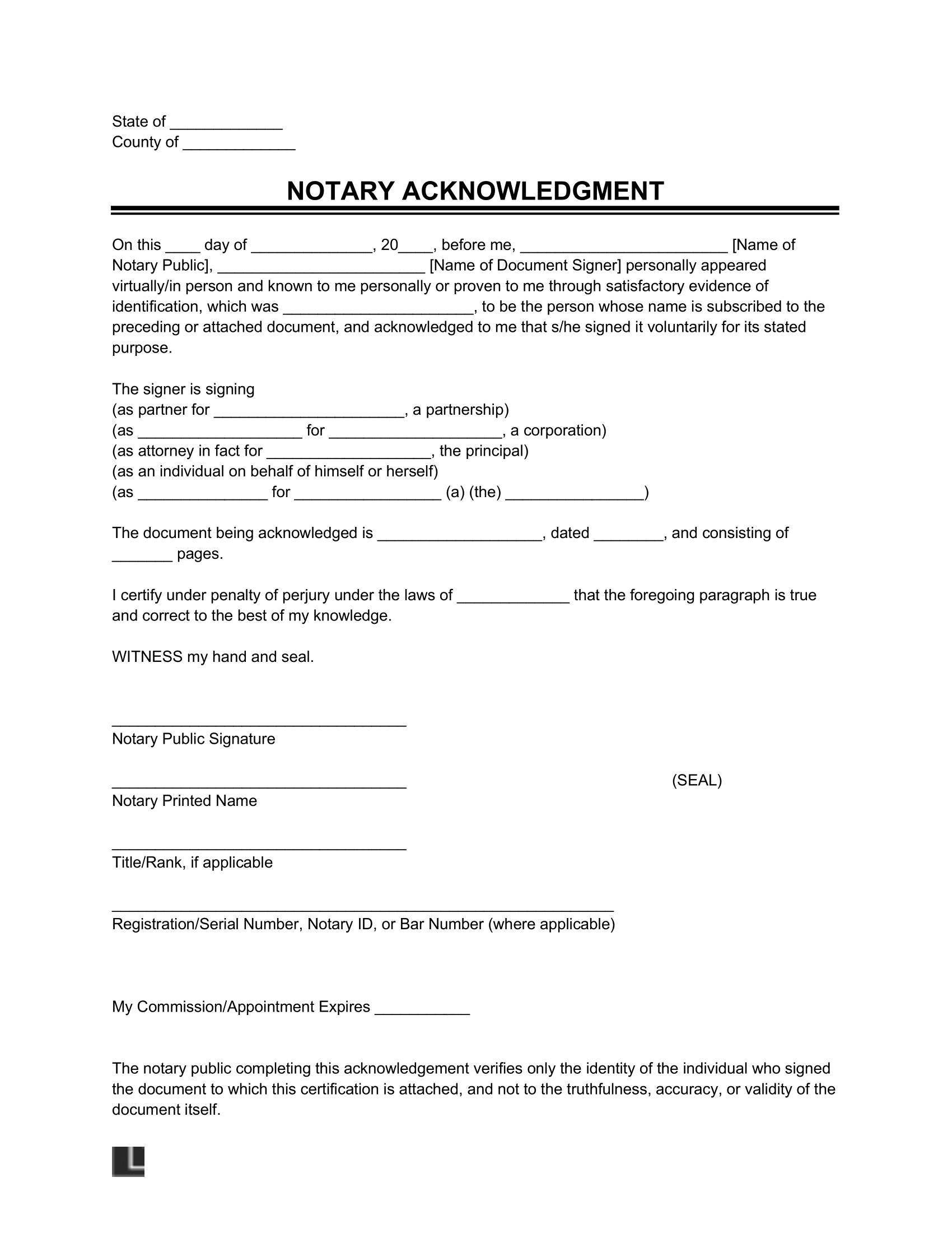 Free Notary Acknowledgment Form | Pdf & Word throughout Free Printable Legal Documents Forms