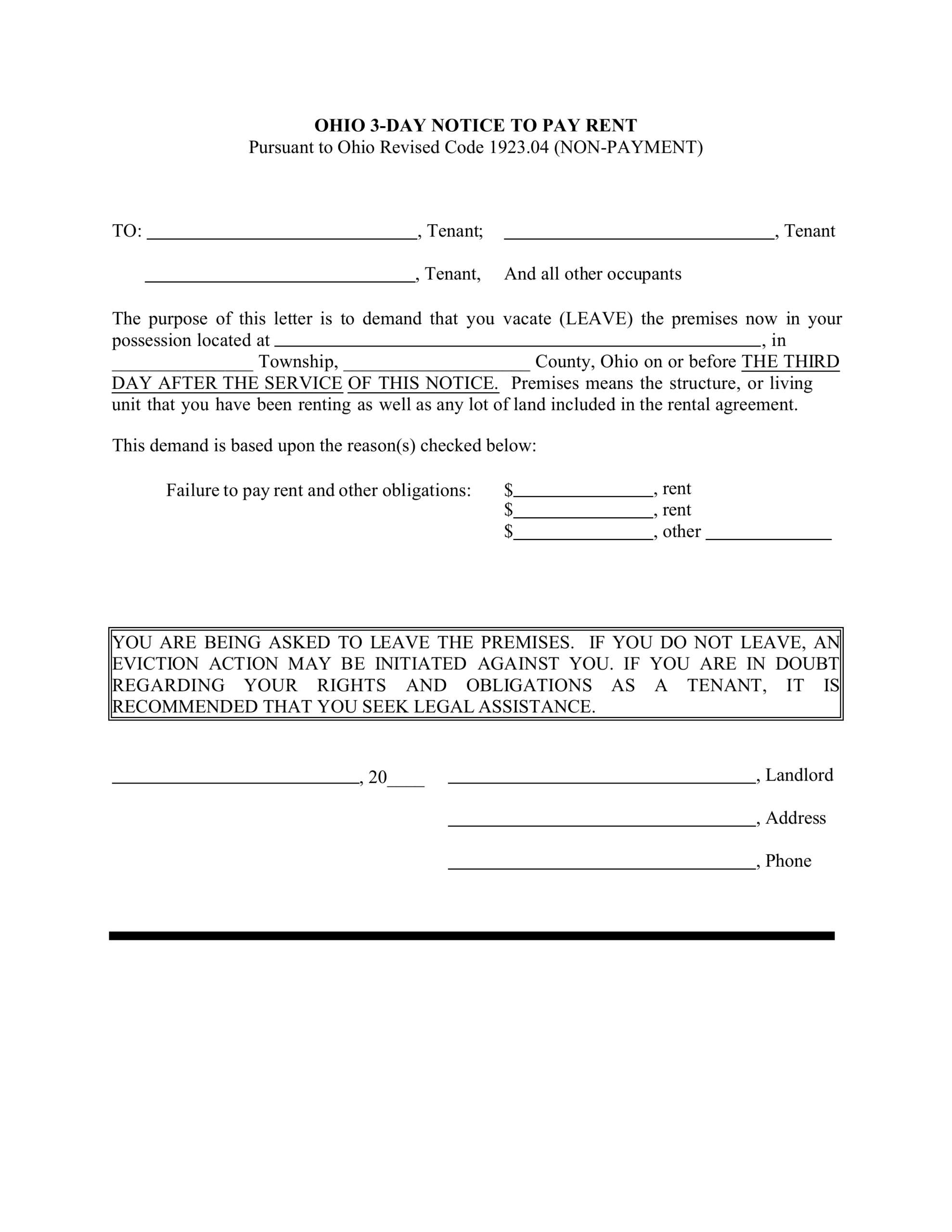 Free Ohio 3-Day Notice To Quit Form | Non-Payment - Pdf | Word within Free Printable Eviction Notice Ohio