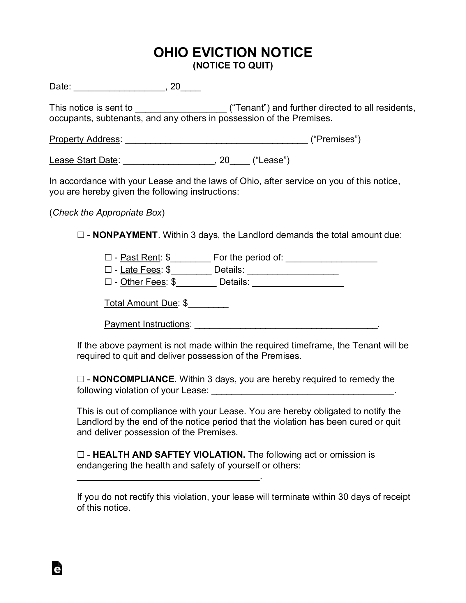 Free Ohio Eviction Notice Forms (4) - Pdf | Word – Eforms within Free Printable Eviction Notice Ohio