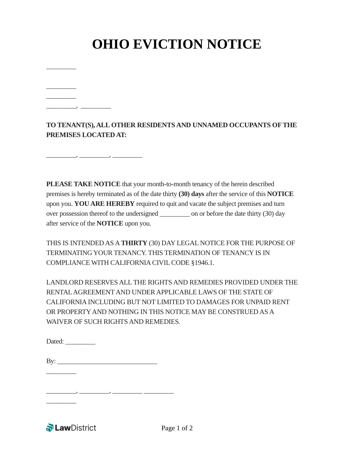 Free Ohio Eviction Notice | Laws &amp;amp; Process | Lawdistrict intended for Free Printable Eviction Notice Ohio