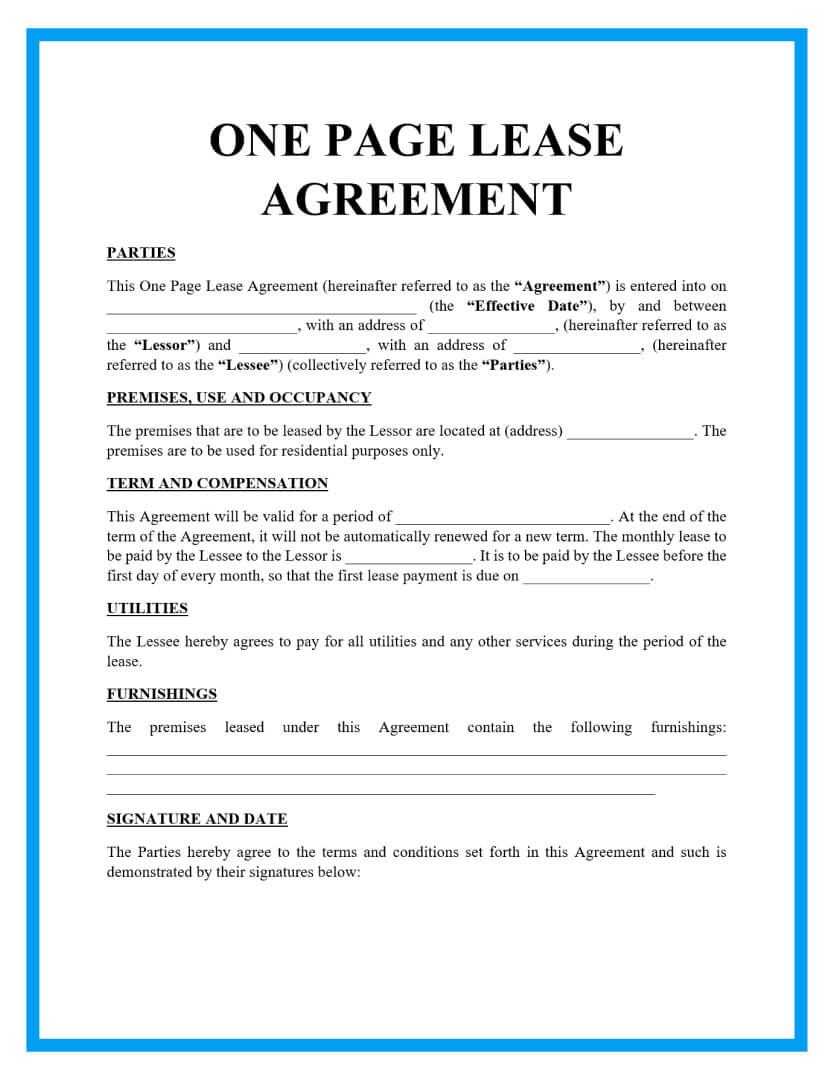 Free One Page Lease Agreement Templates regarding Blank Lease Agreement Free Printable