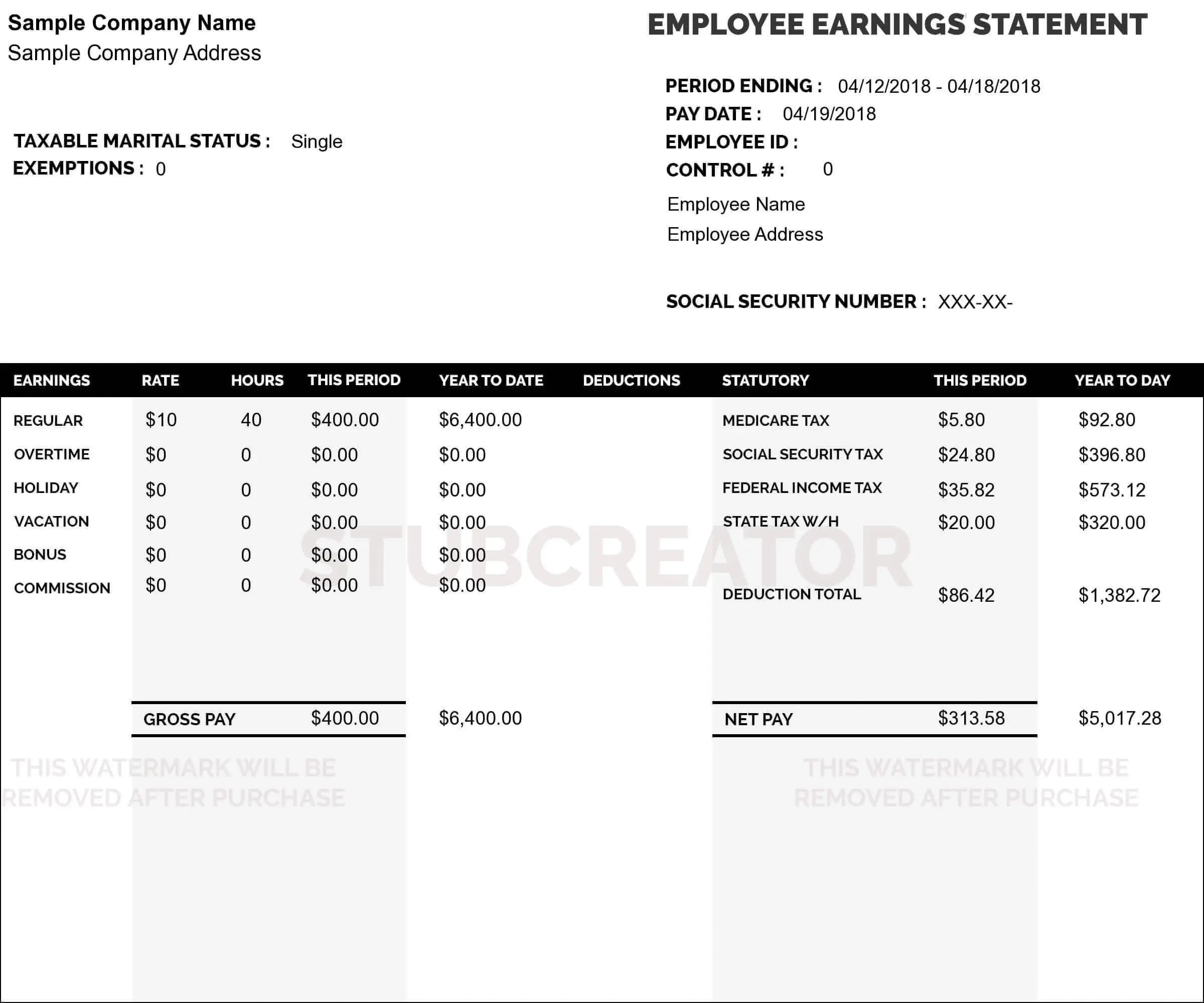 Free Pay Stub Template With Calculator | No Watermark | Download pertaining to Printable Pay Stub Template Free