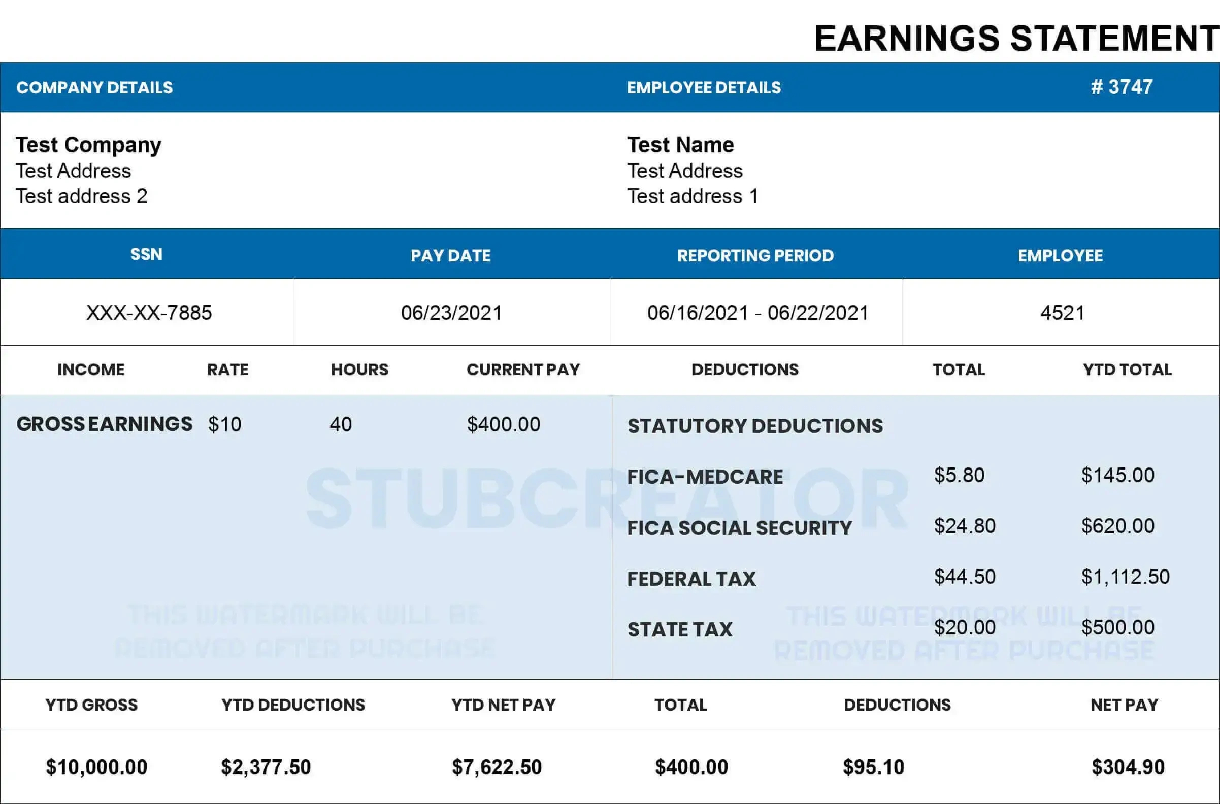 Free Pay Stub Template With Calculator | No Watermark | Download throughout Free Printable Check Stubs Download