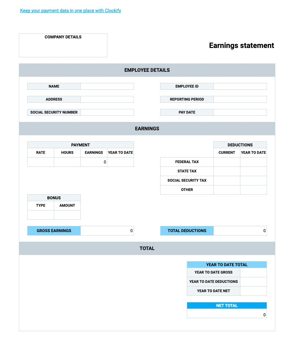 Free Pay Stub Templates — Clockify in Free Printable Blank Check Stubs