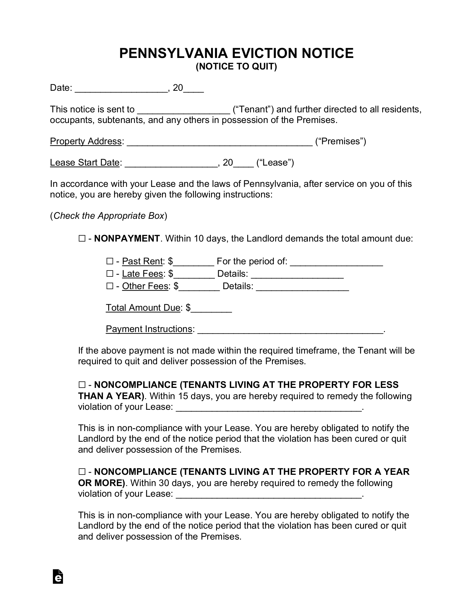 Free Pennsylvania Eviction Notice Forms (4) - Pdf | Word – Eforms throughout Free Printable Eviction Notice Pa