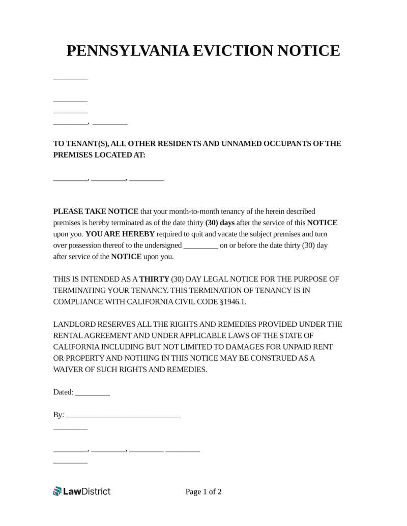 Free Pennsylvania Eviction Notice | Free Pdf & Template | Lawdistrict throughout Free Printable Eviction Notice Pa