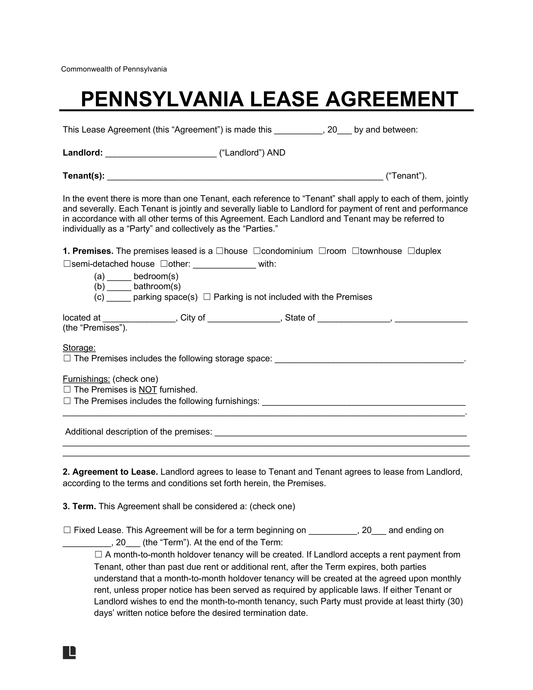 Free Pennsylvania Lease Agreement Templates (6) | Pdf & Word regarding Free Printable Lease Agreement Pa