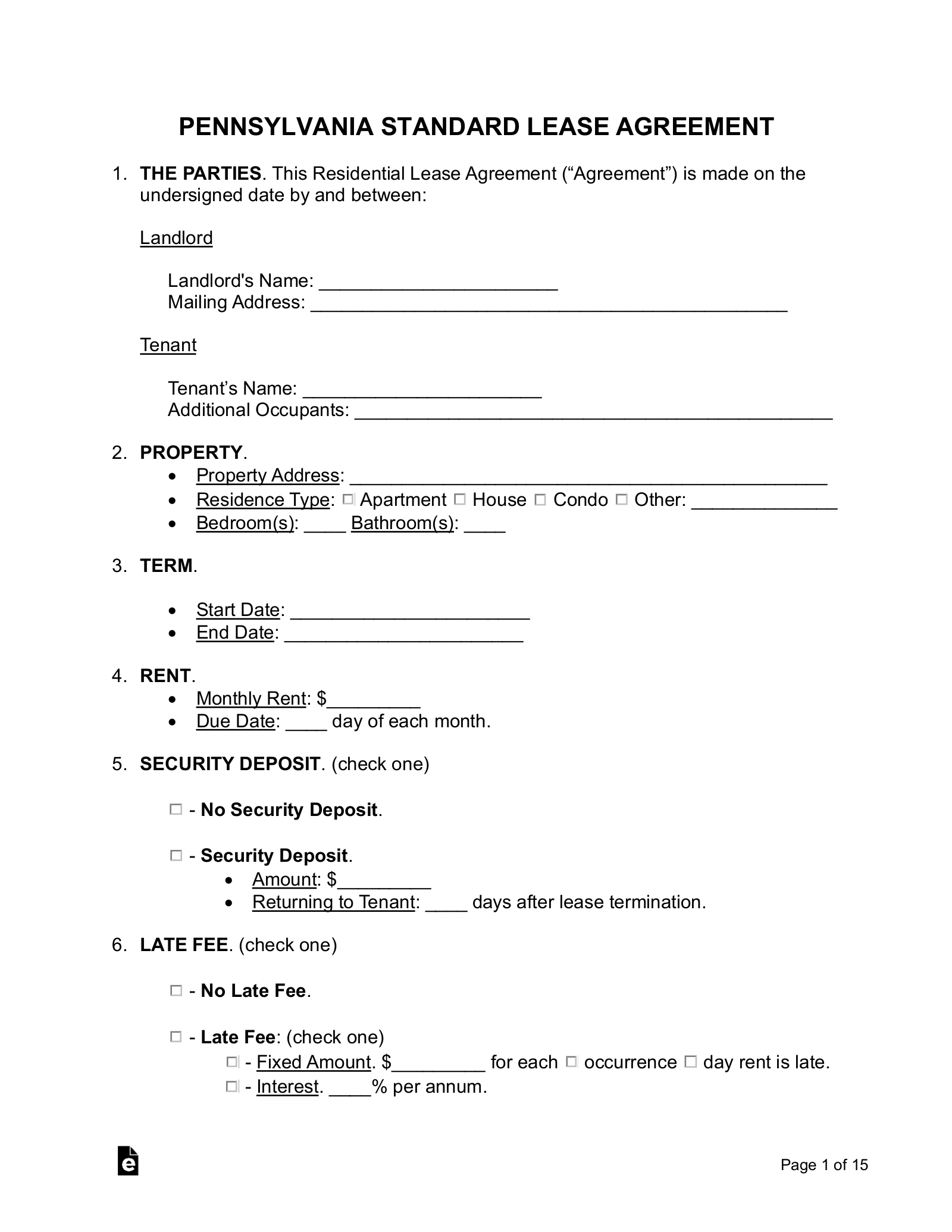 Free Pennsylvania Standard Residential Lease Agreement Template intended for Free Printable Lease Agreement Pa