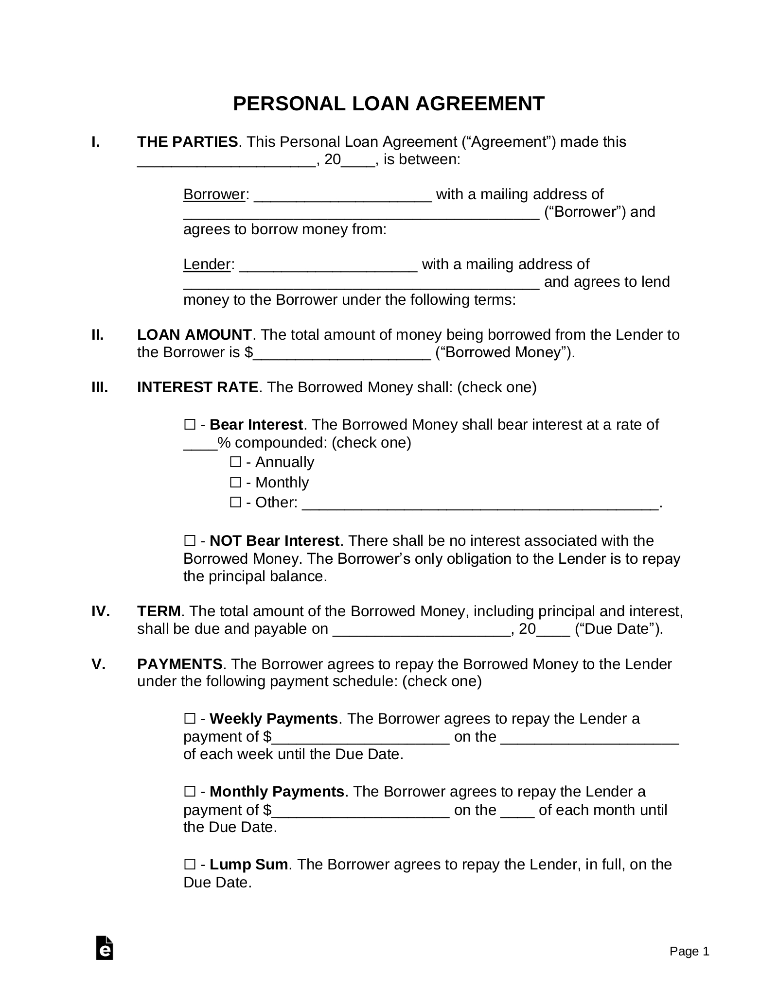 Free Personal Loan Agreement Template | Sample - Pdf | Word – Eforms in Free Printable Personal Loan Forms