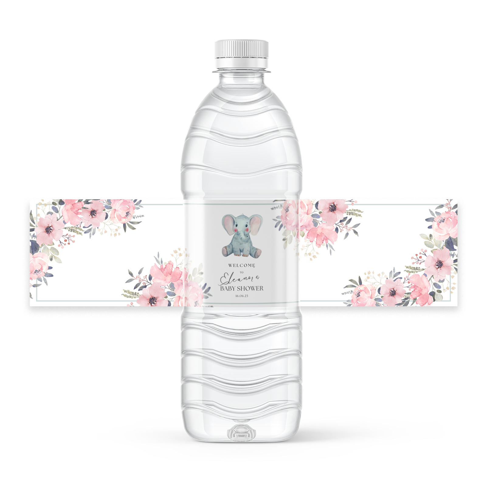 Free Pink Elephant Floral Baby Shower Design For 8X2 Inch Water throughout Free Printable Baby Shower Labels For Bottled Water