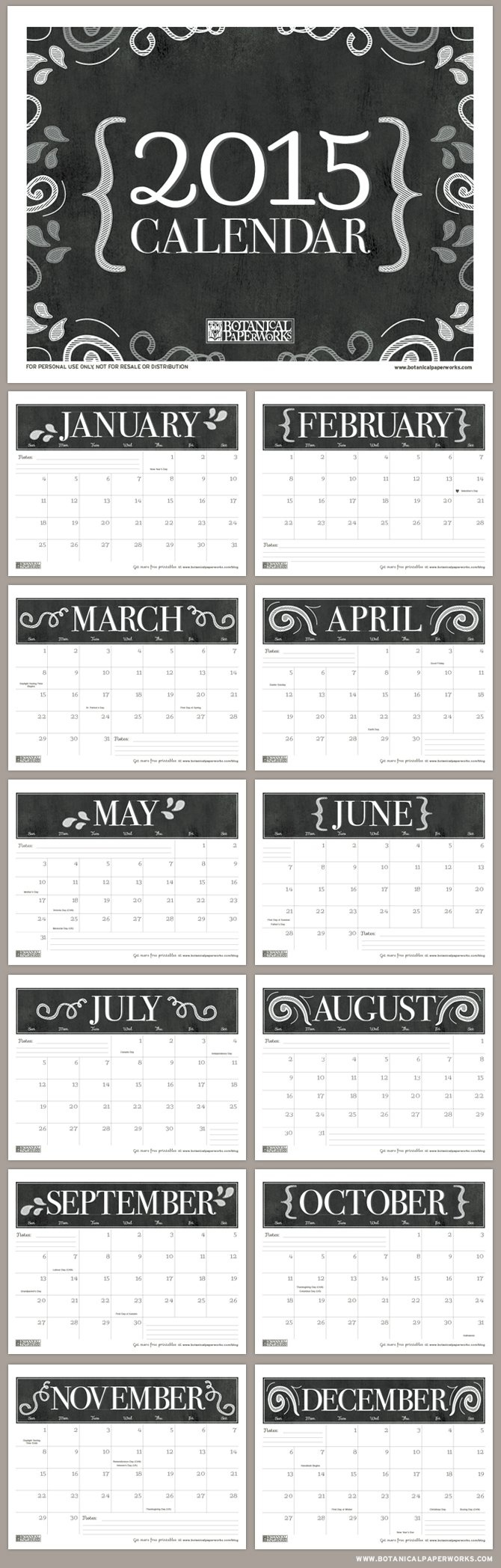 Free Printable} 2015 Monthly Calendar - Botanical Paperworks with Free Printable Diary 2015