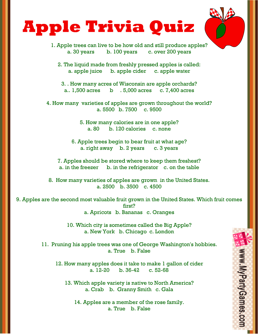 Free Printable Apple Trivia Quiz With Answer Key regarding Free Printable Trivia Questions And Answers