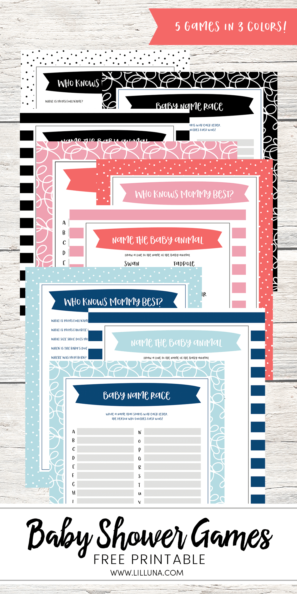 Free Printable Baby Shower Games - 5 Games (In 3 Colors!) | Lil&amp;#039; Luna inside Baby Name Race Free Printable