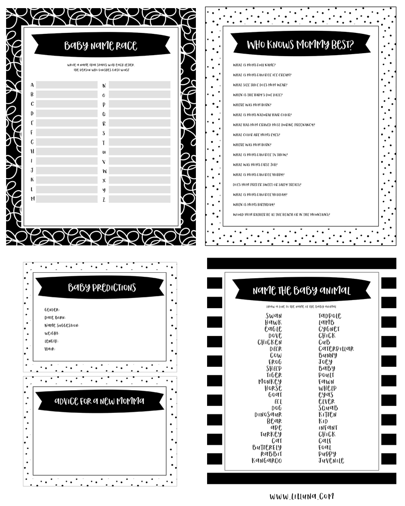 Free Printable Baby Shower Games - 5 Games (In 3 Colors!) | Lil&amp;#039; Luna within Baby Name Race Free Printable