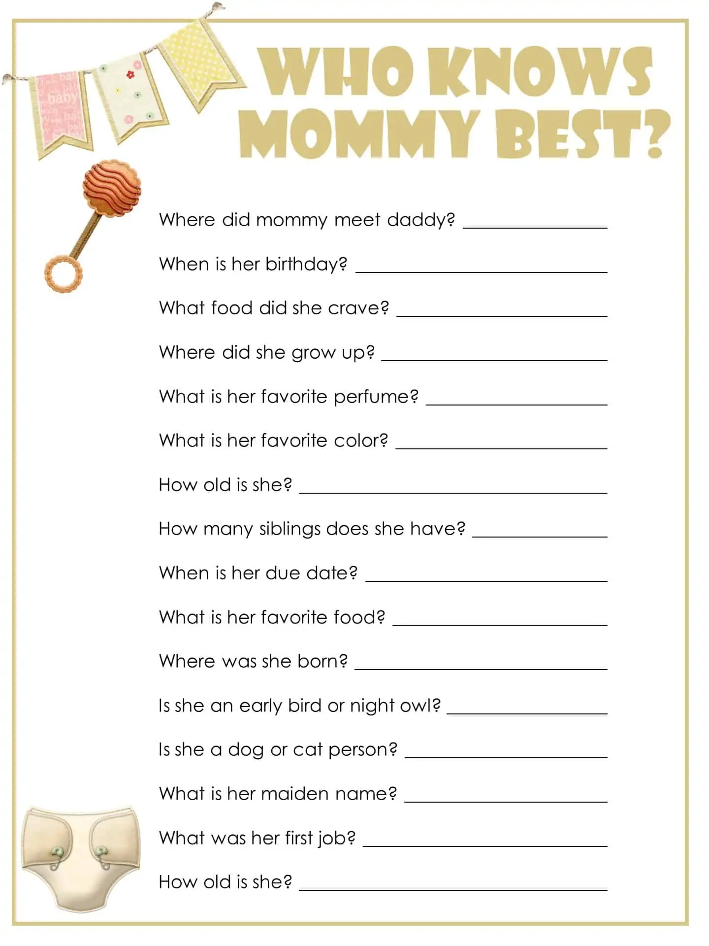 Free Printable Baby Shower Games | Instant Download regarding Free Printable Baby Shower Games Who Knows Mommy The Best