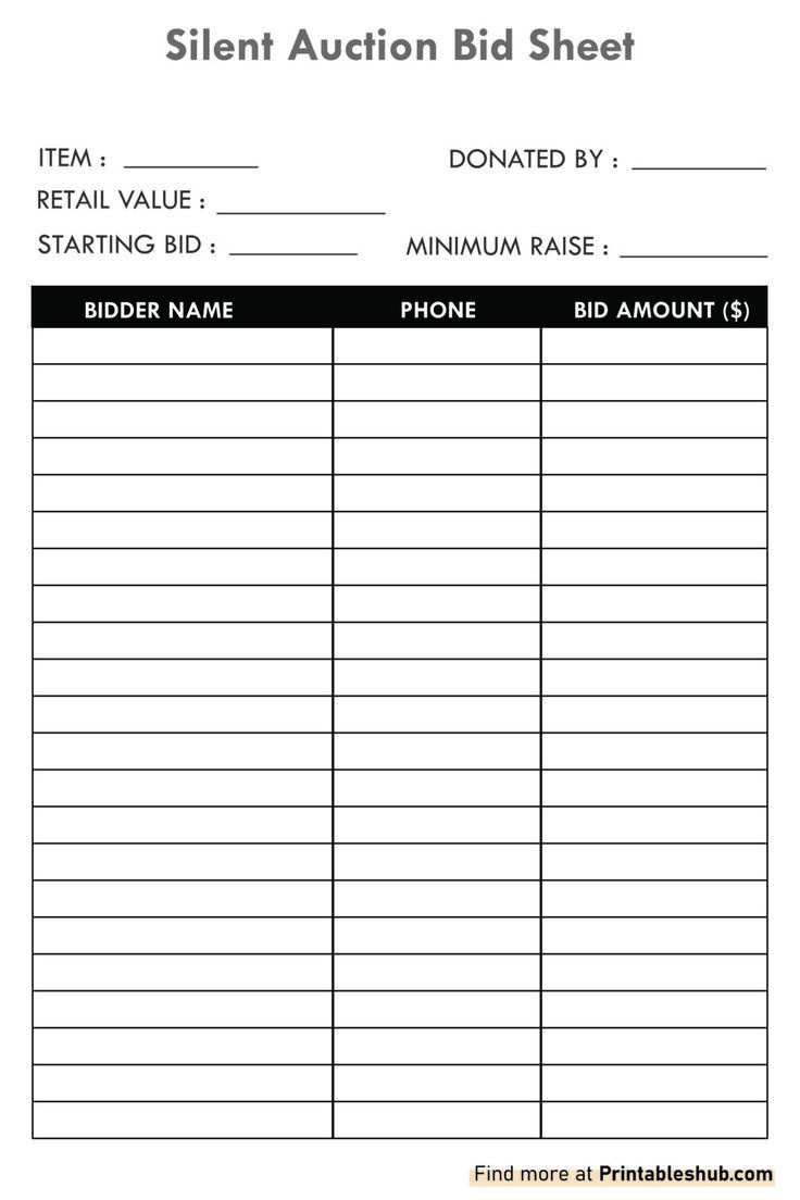 Free Printable Blank Silent Auction Bid Sheet Template Pdf throughout Free Printable Silent Auction Bid Sheets