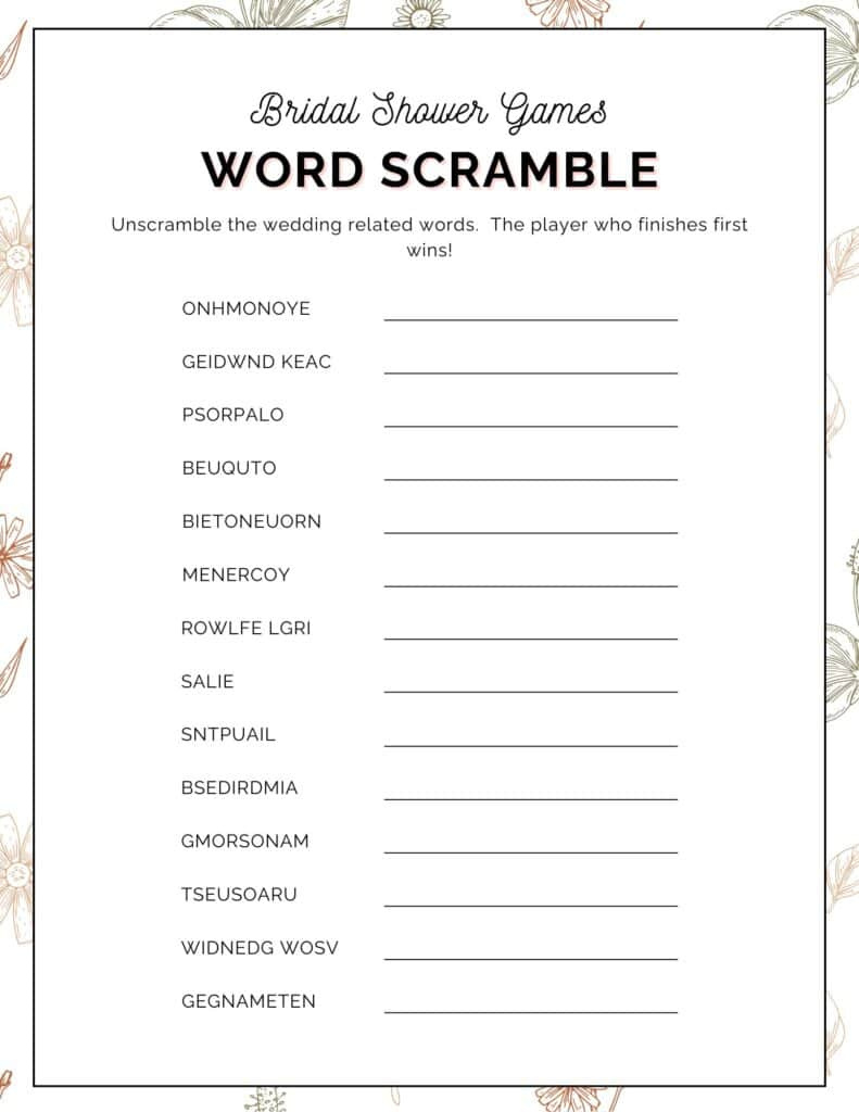 Free Printable Bridal Shower Word Scramble Game regarding Free Printable Bridal Shower Games Word Scramble