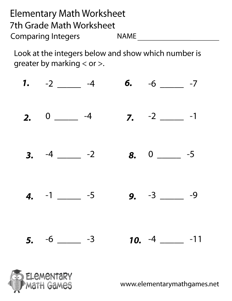 Free Printable Comparing Integers Worksheet For Seventh Grade inside Free Printable Integer Worksheets Grade 7