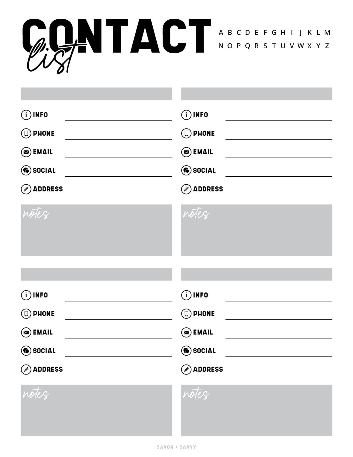 Free Printable Contact List Templates - Savor + Savvy with Free Printable Contact List