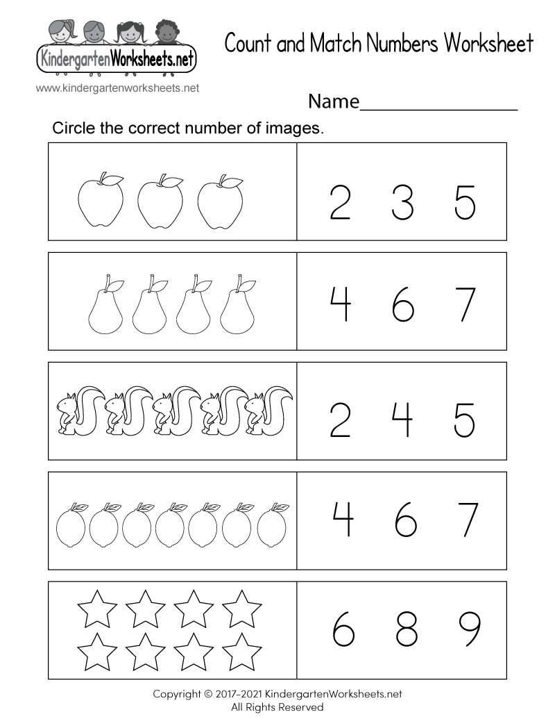 Free Printable Count And Match Numbers Worksheet within Free Printable Number Worksheets For Kindergarten