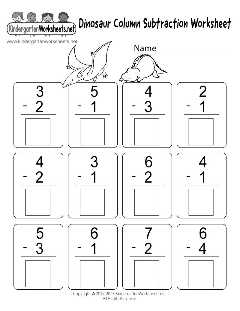 Free Printable Dinosaur Column Subtraction Worksheet within Free Printable Subtraction Worksheets