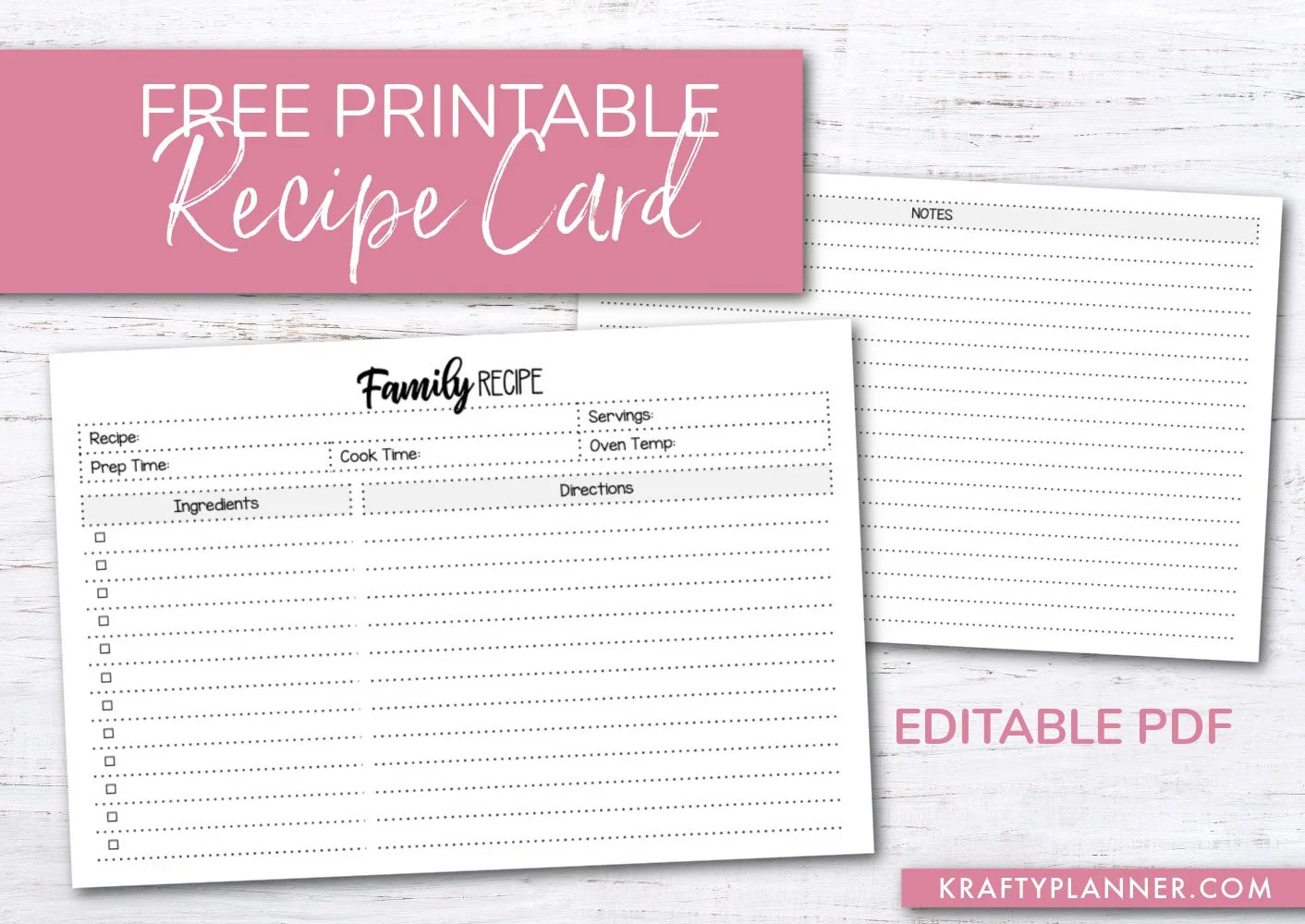 Free Printable Family Recipe Card {Editable Pdf} — Krafty Planner in Free Printable Recipe Cards