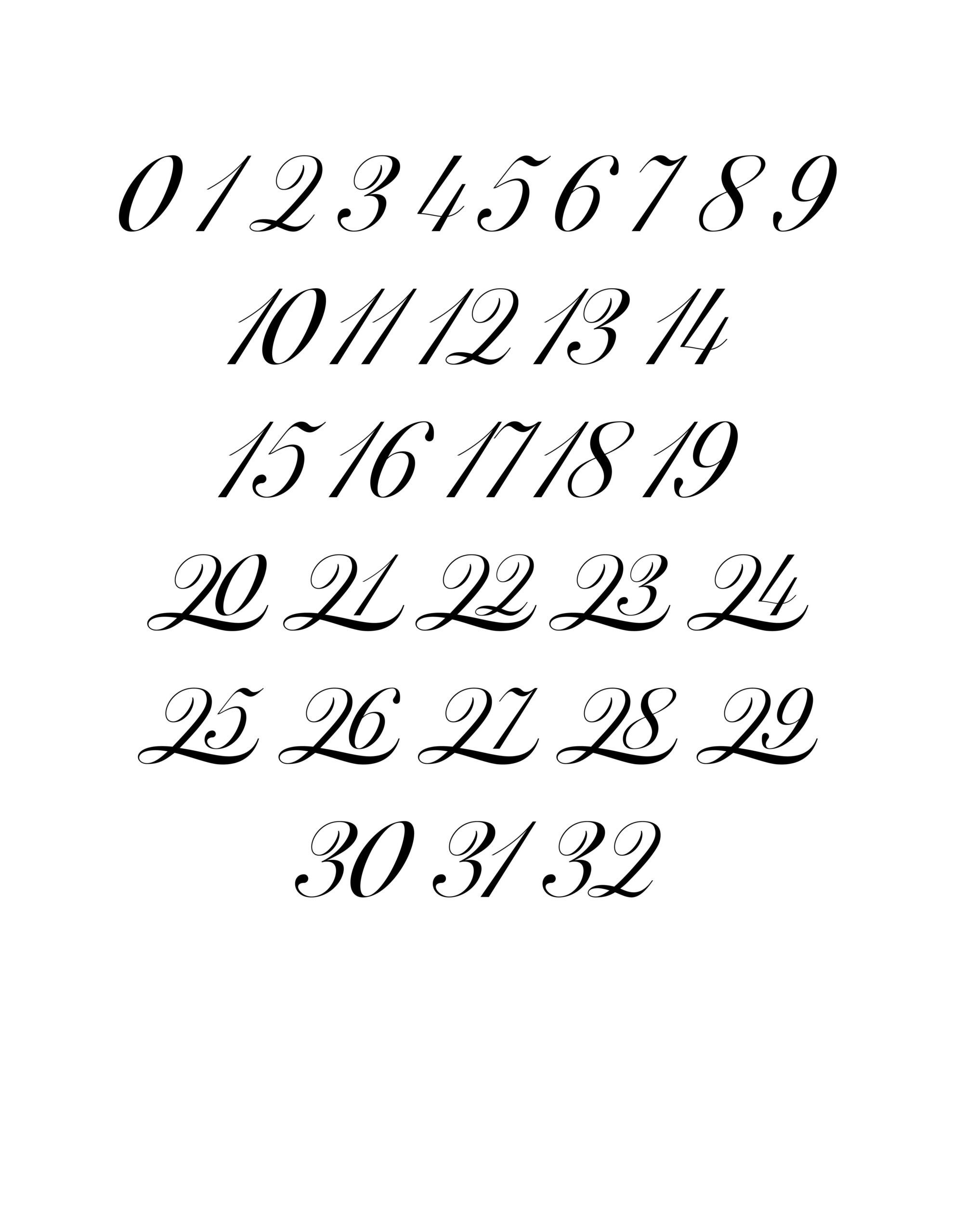 Free Printable Fancy Calligraphy Numbers 0-32 within Free Printable Fancy Number Stencils
