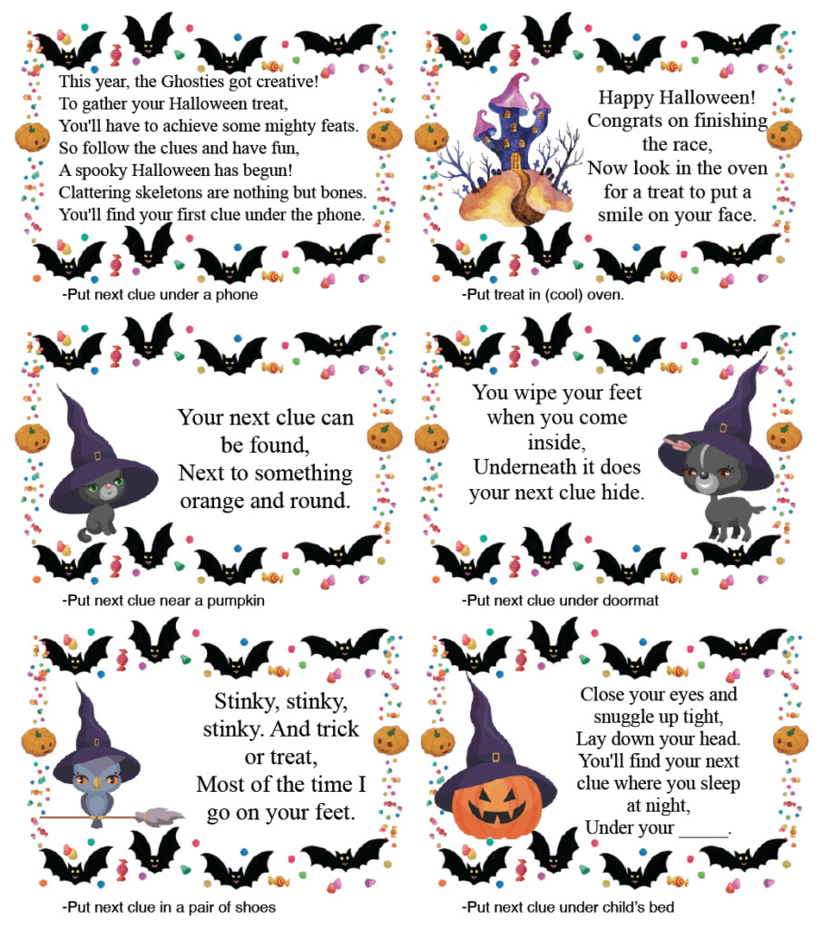 Free Printable Halloween Treasure Hunt: 24 Clues Plus Blanks regarding Free Printable Halloween Scavenger Hunt